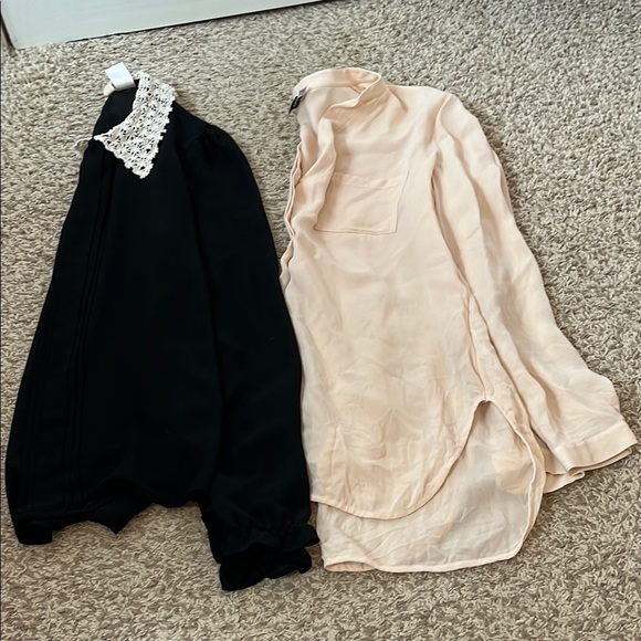 2 Shirt Bundle - Vince Peachy Silk Sz 10 & Black & Cream Lace Trim Sz L Blouses - Picture 1 of 13